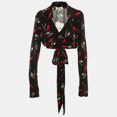 Pre-owned Diane Von Furstenberg Black Floating Face Print Jersey Wrap Around Bobbie Top Xl