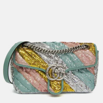 Pre-owned Gucci Gg Marmont Leather Spangles Shoulder Bag Gold Silver Pink Gold Green In Multi