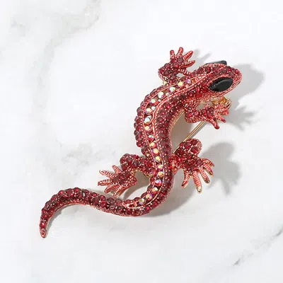 Fashnzfab Stone Paved Lizard Pin Brooch In Red