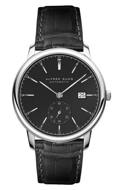 Alfred Sung Automatic Iv Leather Strap Watch, 43mm In Black