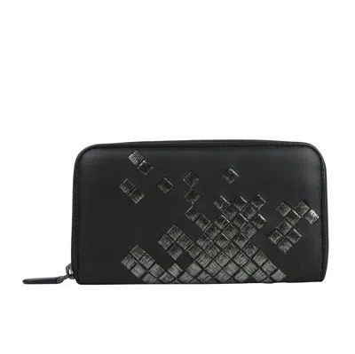 Bottega Veneta Women's Zip Around Black Leather Woven Wallet 114076 1160 In Black