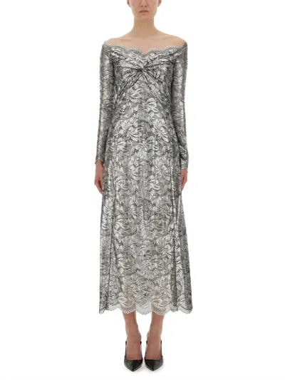 Rabanne Floral Lace Off-the-shoulder Long-sleeve Midi Dress In Silver