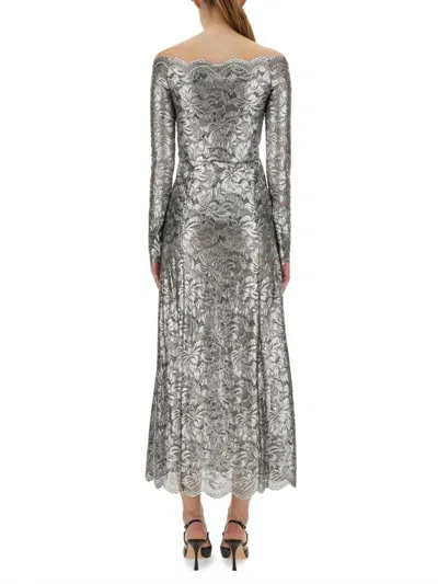 Rabanne Floral Lace Off-the-shoulder Long-sleeve Midi Dress In Silver