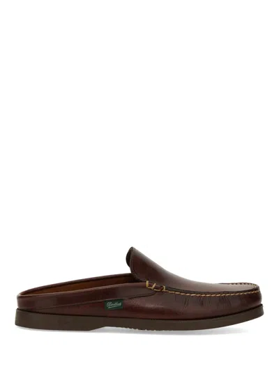 Paraboot Backless Dark Brown Leather Loafers With Signature Stitching In Multi