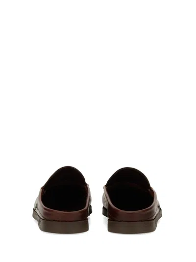 Paraboot Backless Dark Brown Leather Loafers With Signature Stitching In Multi