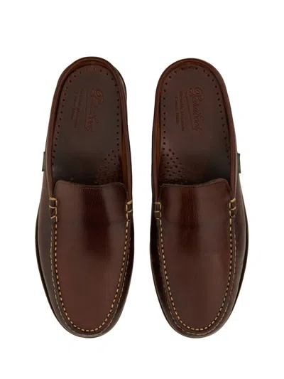 Paraboot Backless Dark Brown Leather Loafers With Signature Stitching In Multi