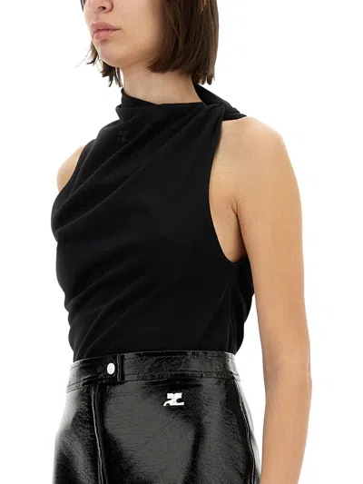 Courrèges Twisted Design Sleeveless Top In Soft Cotton In Black
