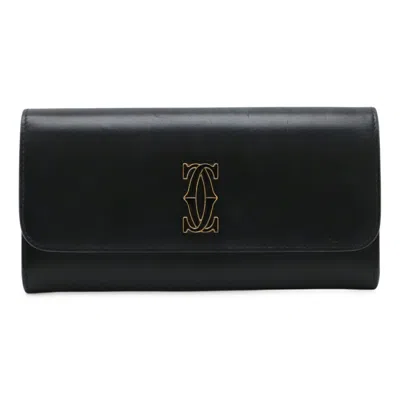 Pre-owned Cartier Black Leather Long Wallet (bi-fold) ()