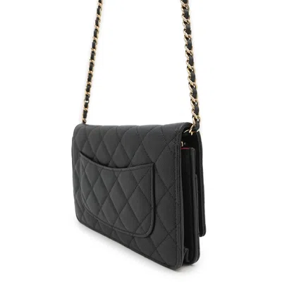 Pre-owned Chanel Black Grained Calfskin Chain/shoulder Wallet ()