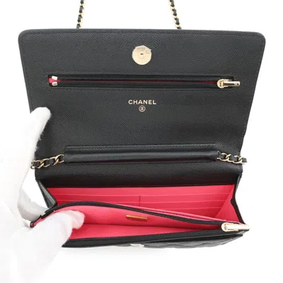 Pre-owned Chanel Black Grained Calfskin Chain/shoulder Wallet ()