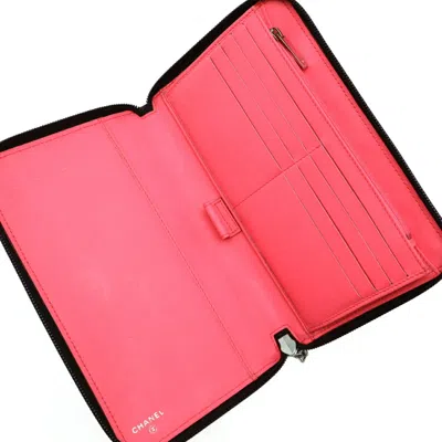 Pre-owned Chanel Black Pink White Leather Long Wallet (bi-fold) () In Multi