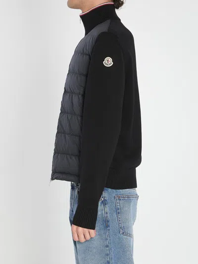 Moncler Cotton Cardigan Quilted Tricolor Collar In Black