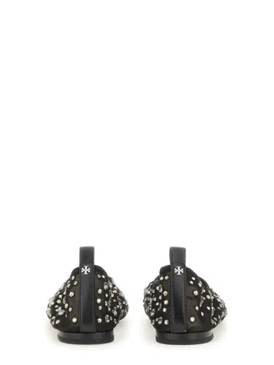 Tory Burch Black Ballet Flats With All-over Crystals Application In Tech Fabric Woman In Black