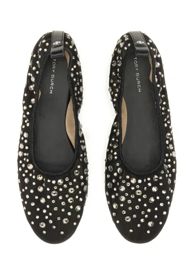 Tory Burch Black Ballet Flats With All-over Crystals Application In Tech Fabric Woman In Black