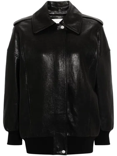 Alexander Mcqueen Black Leather Jacket With Epaulettes In Black
