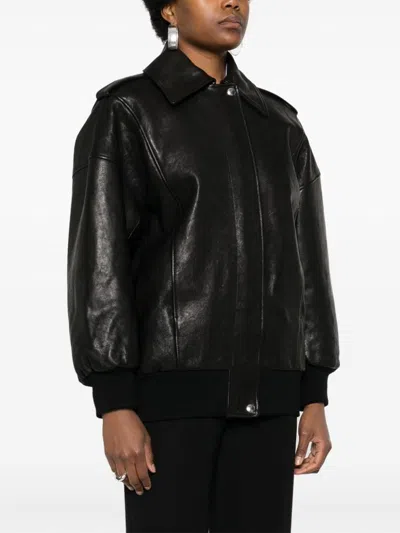 Alexander Mcqueen Black Leather Jacket With Epaulettes In Black