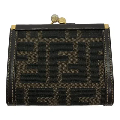 Pre-owned Fendi Black Brown Leather Canvas Coin Purse/coin Case () In Multi