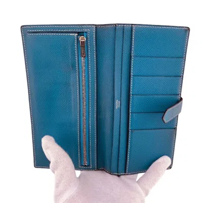 Pre-owned Hermes Bearn Blue Leather Long Wallet (bi-fold) ()