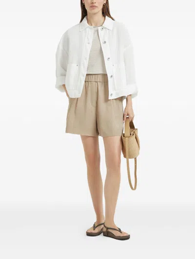 Brunello Cucinelli Striped Crew Neck T-shirt With Keyhole Detail In Neutral