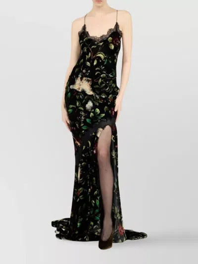 Roberto Cavalli Floral Spaghetti Strap Dress With Side Slit In Black