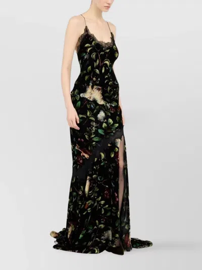 Roberto Cavalli Floral Spaghetti Strap Dress With Side Slit In Black