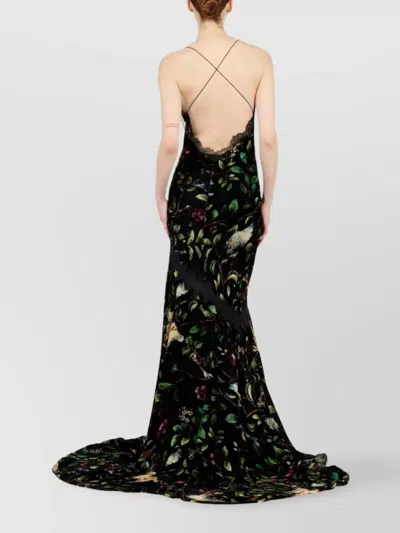 Roberto Cavalli Floral Spaghetti Strap Dress With Side Slit In Black