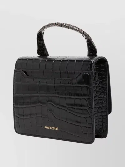 Roberto Cavalli Crocodile Texture Cross-body Bag With Chain Strap In Black