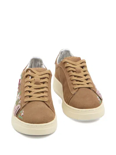 Autry Dallas Low Sneakers With Embroidered Floral Details In Brown