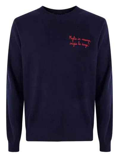 Mc2 Saint Barth Dark Blue Crew Neck Sweater With Red Embroidery In Blue
