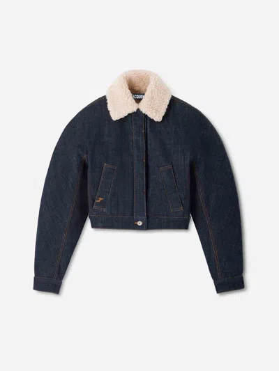 Jacquemus Le Bomber De-nimes Ovalo Blue Jacket With Fur Collar And Two Front Welt Pockets In Denim Woman In Black