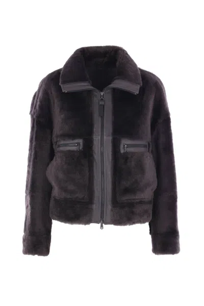 Brunello Cucinelli Grey Shearling Jacket With Two Front Welt Pockets With Zip In Black