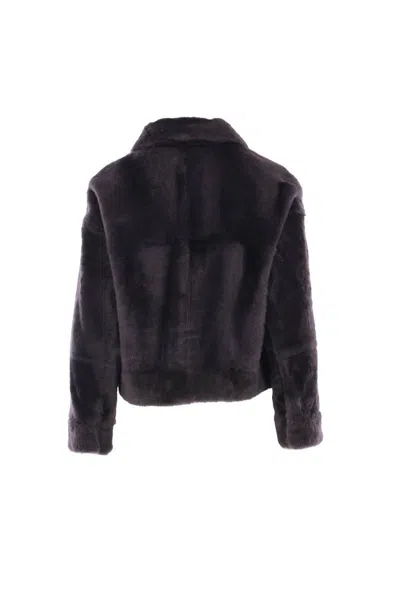 Brunello Cucinelli Grey Shearling Jacket With Two Front Welt Pockets With Zip In Black