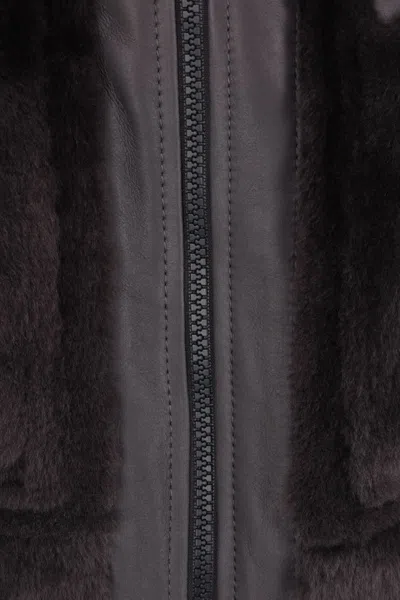 Brunello Cucinelli Grey Shearling Jacket With Two Front Welt Pockets With Zip In Black