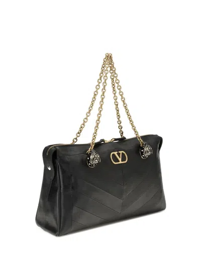 Valentino Black Leather Panthea Medium Shoulder Bag In Blue