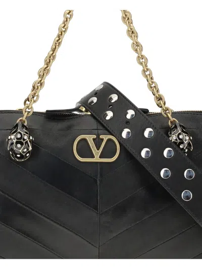 Valentino Black Leather Panthea Medium Shoulder Bag In Blue
