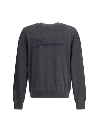 Jacquemus Long Sleeve Crewneck Sweater With Ribbed Cuffs In Gray