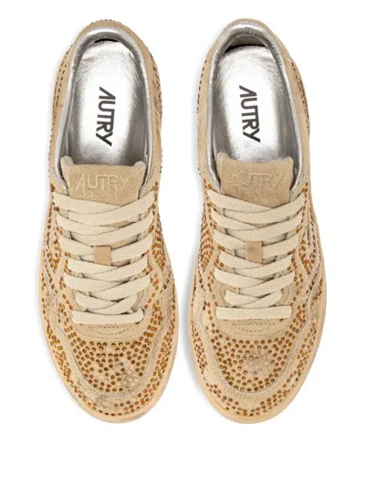 Autry Medalist Low Sneakers In Bronze Suede With Crystal Micro Rhinestones In Neutral