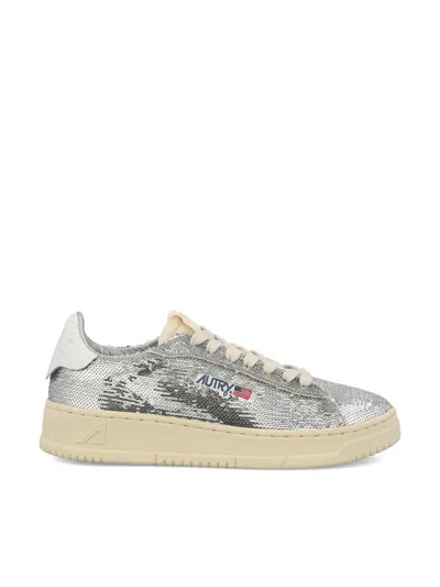 Autry Dallas Low Sparkling Sneakers In Silver And White Sequins Shoes In Multi