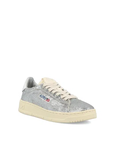 Autry Dallas Low Sparkling Sneakers In Silver And White Sequins Shoes In Multi