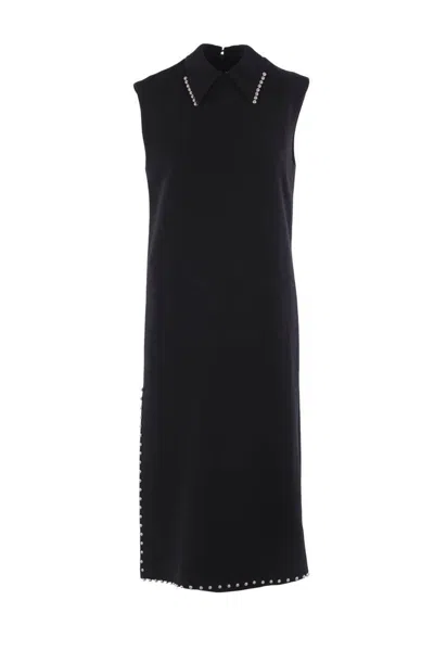 Jil Sander Bead Embellished Sleeveless Stretch Virgin Wool Blend Midi Dress In Black