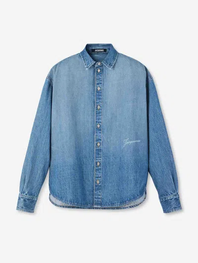 Jacquemus La Chemise De-nimes Simon With Embroidered Logo In Blue