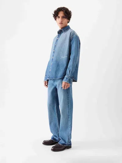 Jacquemus La Chemise De-nimes Simon With Embroidered Logo In Blue