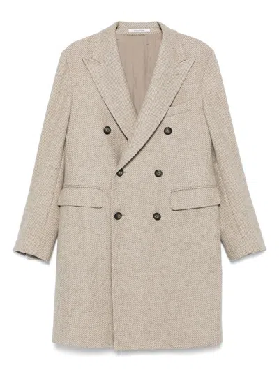 Tagliatore Double-breasted Herringbone Coat With Wide Lapels In Neutral