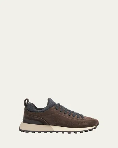 Brunello Cucinelli Suede Flannel Microsole Runner Sneakers With Monili Pull Tab In Animal Print