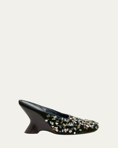 Dries Van Noten Gemstone Embellished Velvet Wedge Mules In Multi