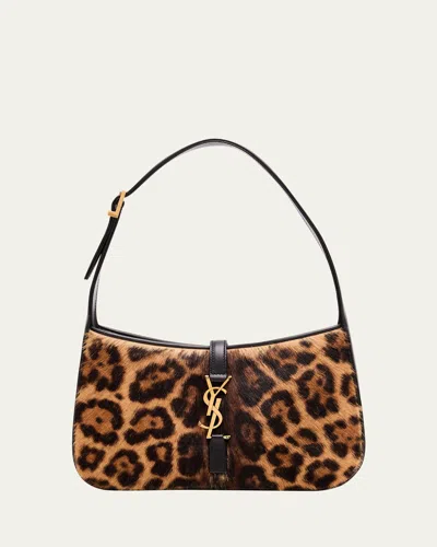 Saint Laurent Leopard Patterned Logo Plaque Tote Bag In Brown