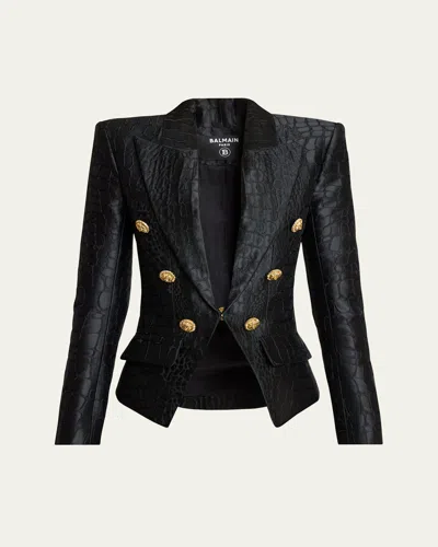 Balmain 6-button Croco Jacquard Blazer Jacket In Black