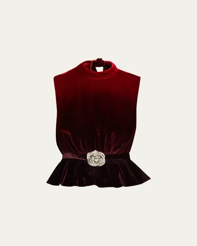 Saloni Fleur Belted High-neck Velvet Top In Red