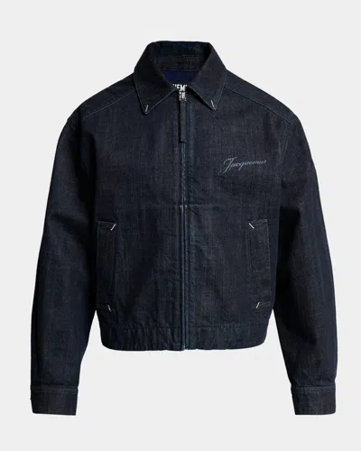 Jacquemus Dark Indigo Denim Jacket With Front Zipper And Logo In Blue