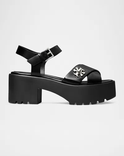 Tory Burch Turnlock Leather Lug-heeled Platform Sandals In Black